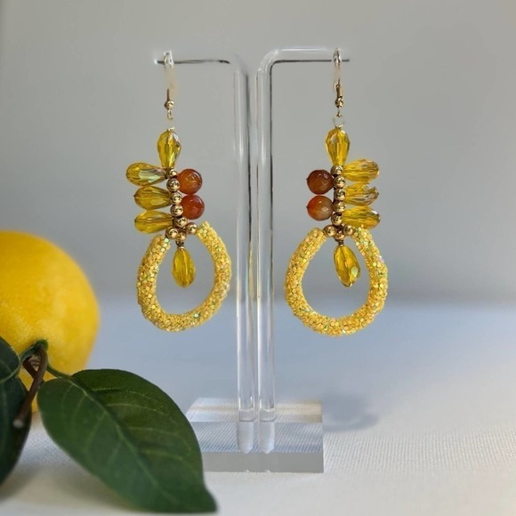 Lemon Drop Amber and Gold Beaded Sparkly Dangle Earrings - Picture 1 of 7